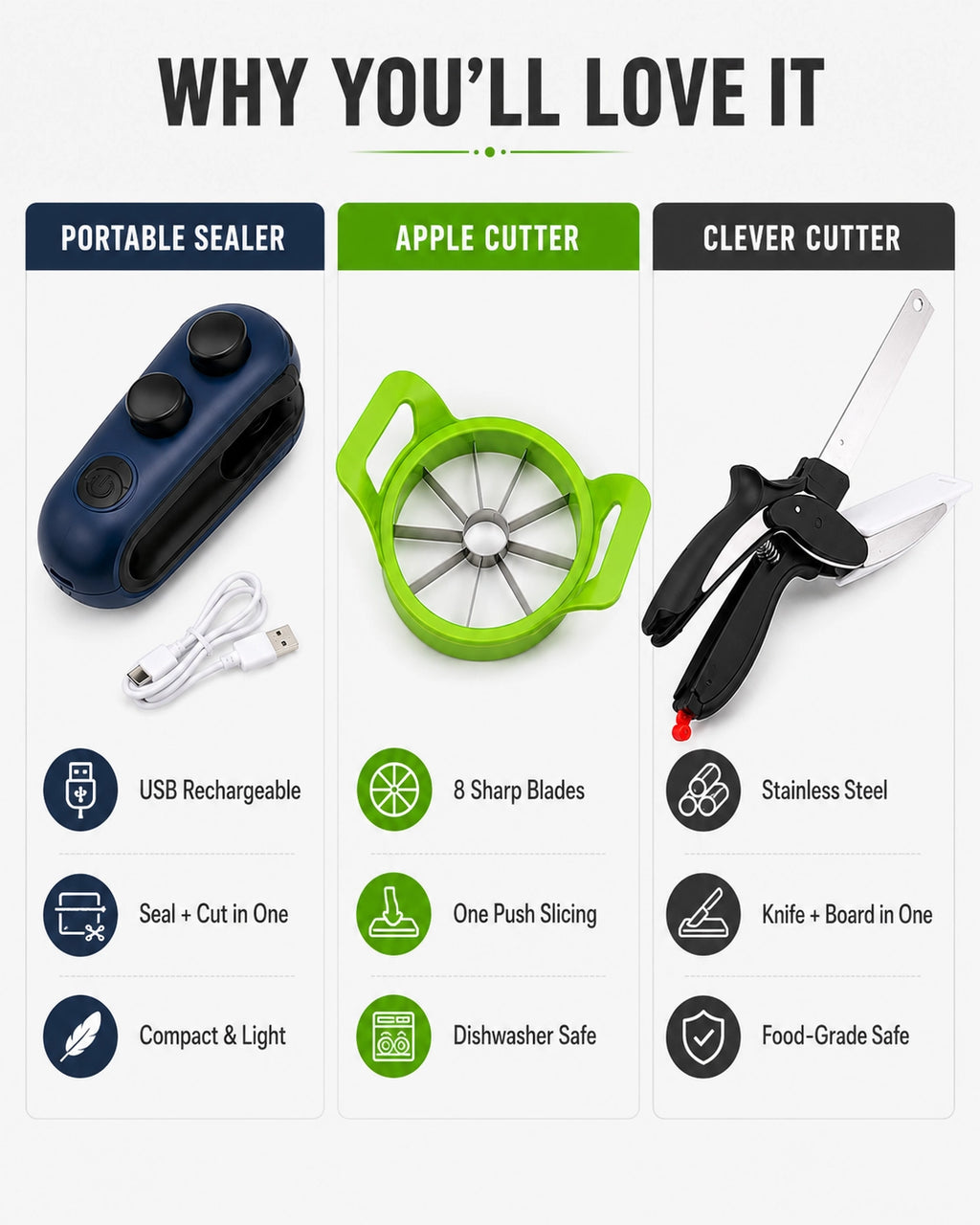 Smart Kitchen Combo Pack – 3-in-1 Bag Sealer, Apple Cutter & Clever Cutter Knife