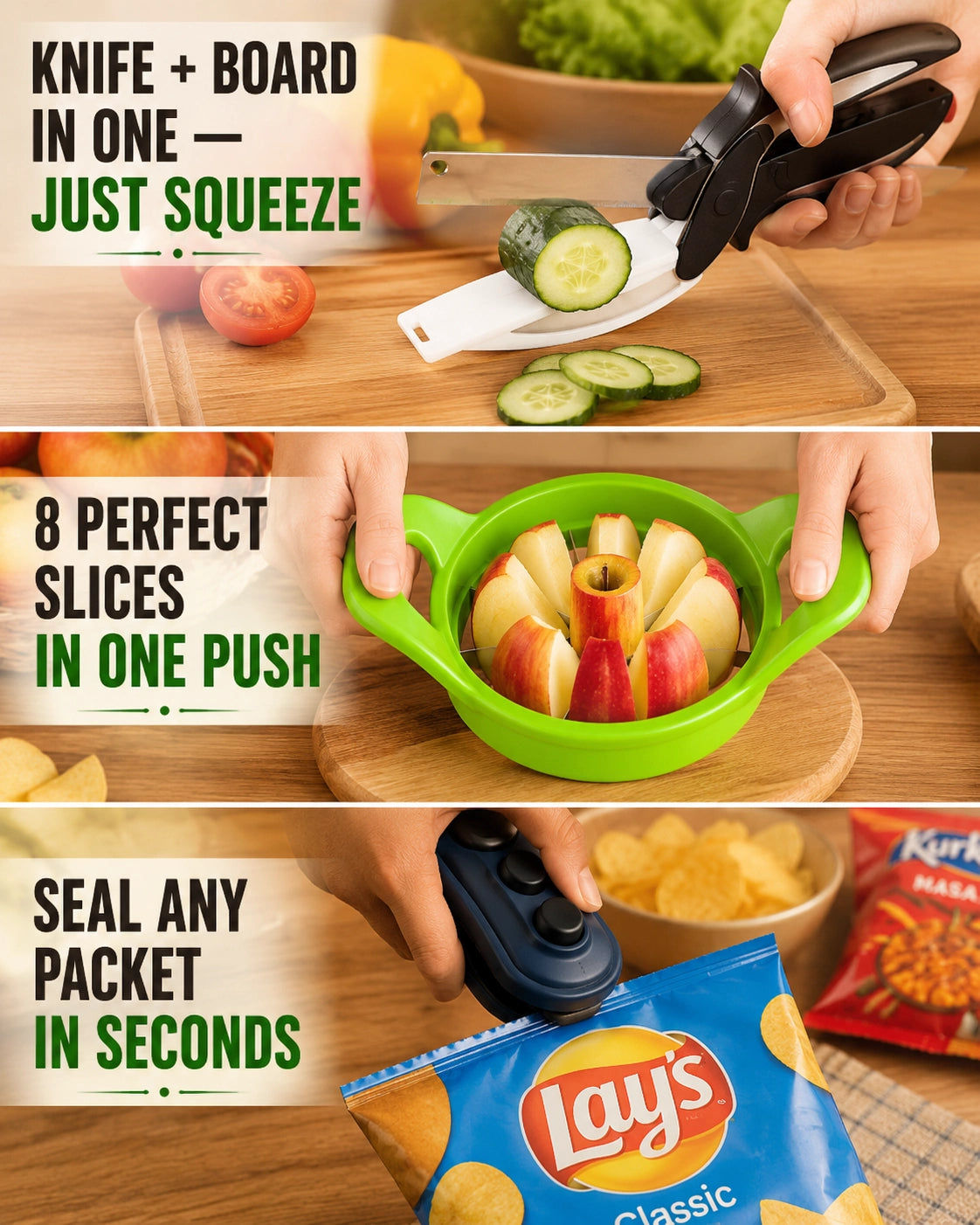 Smart Kitchen Combo Pack – 3-in-1 Bag Sealer, Apple Cutter & Clever Cutter Knife